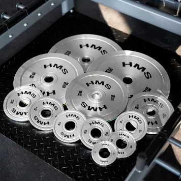 Zestaw talerzy olimpijskich stalowych kalibrowanych TOS 2 x 0.25 - 25 KG (168 KG) HMS