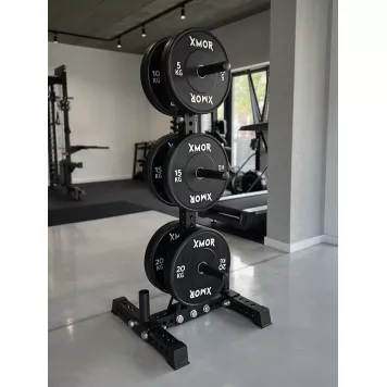 Stojak na obciążenia i gryfy olimpijskie 2.0 + Zestaw obciążeń 100 kg BLACK TRAINING BUMPER 2.0 XMOR
