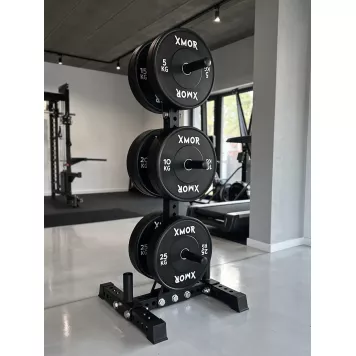 Stojak na obciążenia i gryfy olimpijskie 2.0 + Zestaw obciążeń 150 kg BLACK TRAINING BUMPER 2.0 XMOR