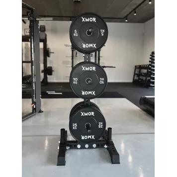 Stojak na obciążenia i gryfy olimpijskie 2.0 + Zestaw obciążeń 150 kg BLACK TRAINING BUMPER 2.0 XMOR