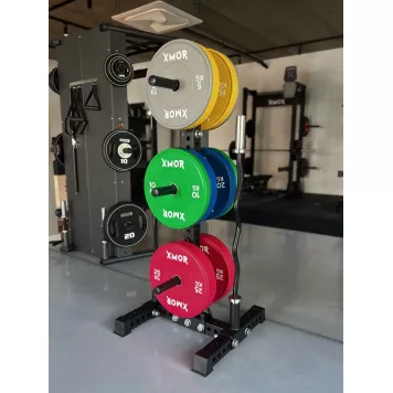 Stojak na obciążenia i gryfy olimpijskie 2.0 + Zestaw obciążeń 150 kg BLACK TRAINING BUMPER 2.0 XMOR