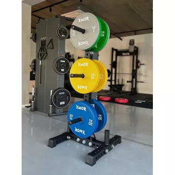 Stojak na obciążenia i gryfy olimpijskie 2.0 + Zestaw obciążeń 100 kg BLACK TRAINING BUMPER 2.0 XMOR