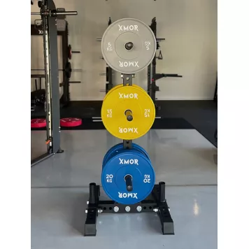 Stojak na obciążenia i gryfy olimpijskie 2.0 + Zestaw obciążeń 100 kg BLACK TRAINING BUMPER 2.0 XMOR