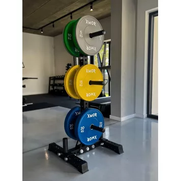 Stojak na obciążenia i gryfy olimpijskie 2.0 + Zestaw obciążeń 100 kg BLACK TRAINING BUMPER 2.0 XMOR